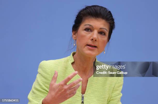 Leftist politician Sahra Wagenknecht presents her BSW political alliance to the media on October 23, 2023 in Berlin, Germany. The alliance is the...