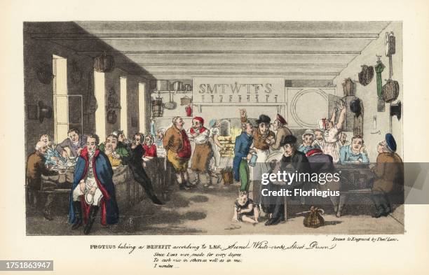 Regency gentleman in a debtors’ prison, Islington, London. The inmates eat and drink in a large room with a fireplace. SMTWTFS. Proteus taking a...
