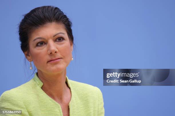 Leftist politician Sahra Wagenknecht presents her BSW political alliance to the media on October 23, 2023 in Berlin, Germany. The alliance is the...