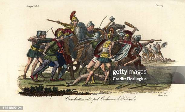 Greeks and Trojans battle over the naked corpse of Patroclus outside Troy. Menelaus and Ajax protected the body until Achilles could retrieve it....