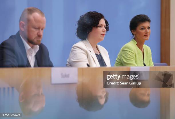 Leftist politician Sahra Wagenknecht and colleagues Amira Mohamed Ali and Christian Leye present the BSW political alliance to the media on October...
