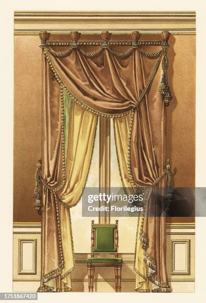 Fantasy wall hanging, circa 1900. Italian style curtains with silk pelouche, drapes in same fabric, wall covering in damask, chair and window....