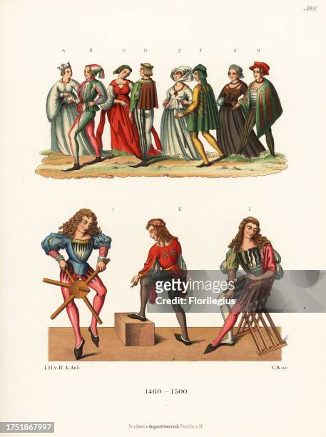 German costumes from the late 15th century. Men and women from a fine parchment painting A-H, and surgeon I,K, and patient L from woodcuts in...
