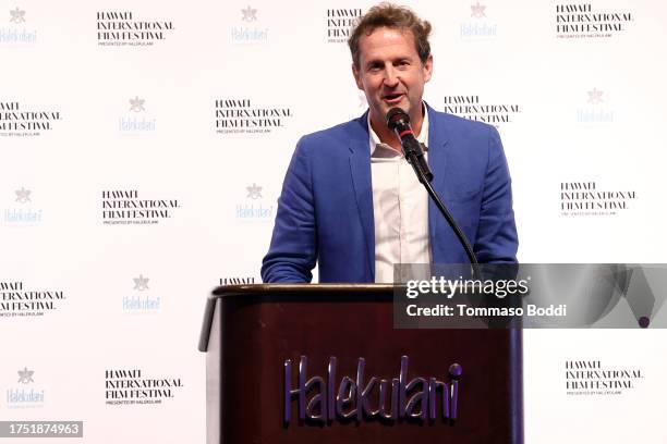 Trevor Groth on stage during the 43rd Annual Hawai'i International Film Festival Awards Gala at Halekulani Hotel on October 22, 2023 in Honolulu,...