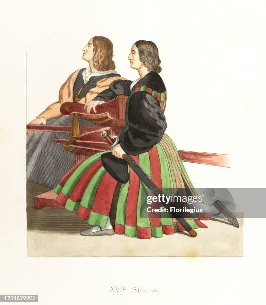 Roman gentlemen with sedia gestatoria, 16th century. One in black silk tunic with orange plastron and sleeves. One in red and green bodice and skirt,...
