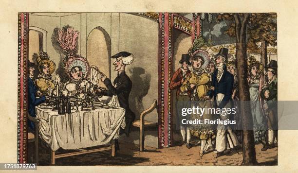 Georgian gentleman and his wife in a booth at the popular pleasure gardens, 1820. He holds up a slice of its infamously thin ham. Doctor Syntax at...