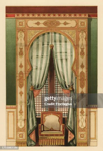 Arab-style wall hanging, circa 1900. Two-tone satin valance with gold embroidery, striped wool and silk curtains, harem screen. Planche 5. Croisee...