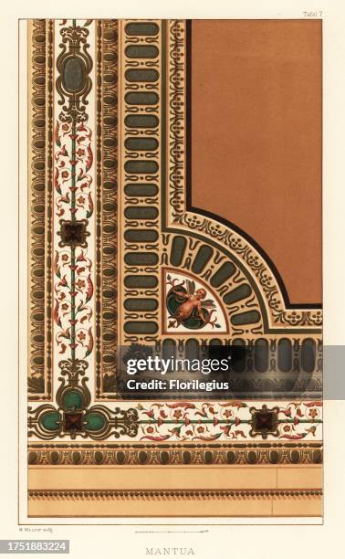 Corner of a painted ceiling in Isabella d'Este's Apartment, Ducal Palace, Mantua, Italy, 16th century. Chromolithograph after Moritz Meurer from...