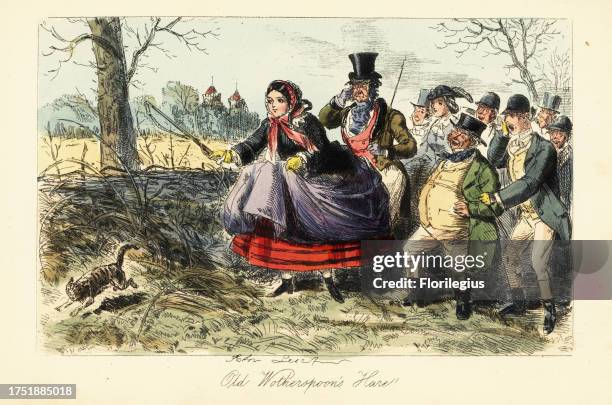 English woman in crinoline skirt trying to catch a cat during a hare hunt, 19th century. The cat has outwitted the hounds by laying false trails....