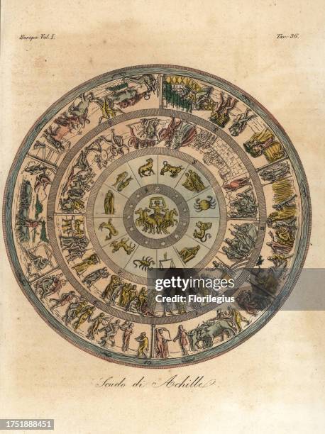 The Shield of Achilles, used in his battle with Hector. Scenes include the earth, sky and sea, the sun, the moon and the constellations, two...