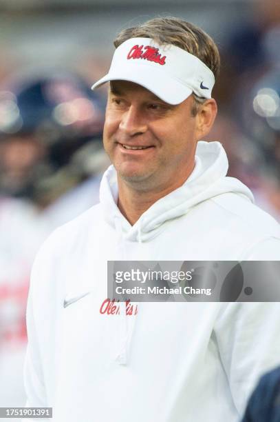 Head coach Lane Kiffin of the Mississippi Rebels prior to their game against the Auburn Tigers at Jordan-Hare Stadium on October 21, 2023 in Auburn,...