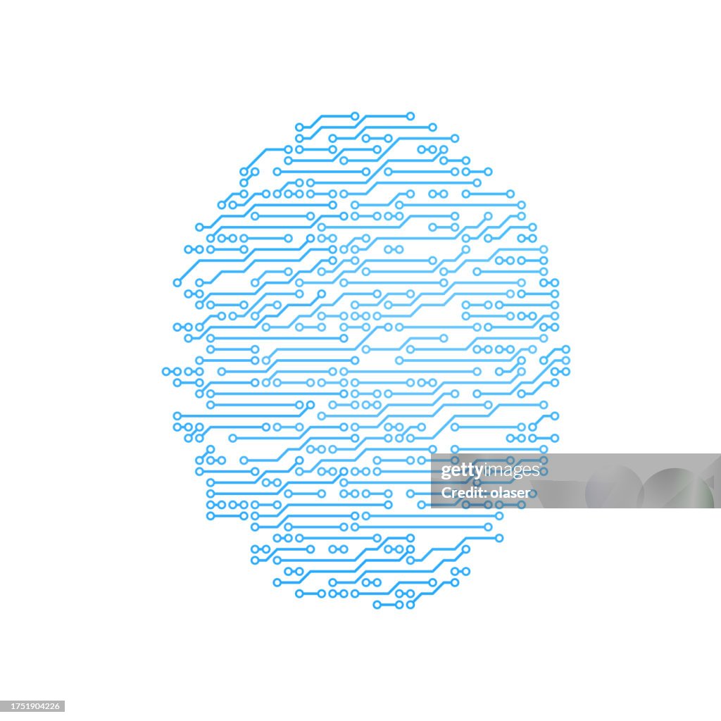 Turquoise digital fingerprint seamlessly transitioning into a circuitry pattern.