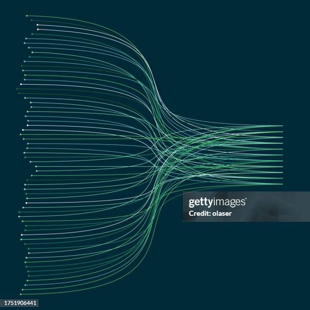 flowing green lines converging and diverging on a dark background. - bandwidth management stock illustrations