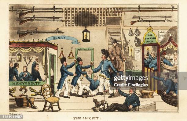 Johnny Newcome drinking grog in the cockpit with other middys , HMS Victory. Sextants, pistols and muskets hang from hooks on the walls, a tub of...