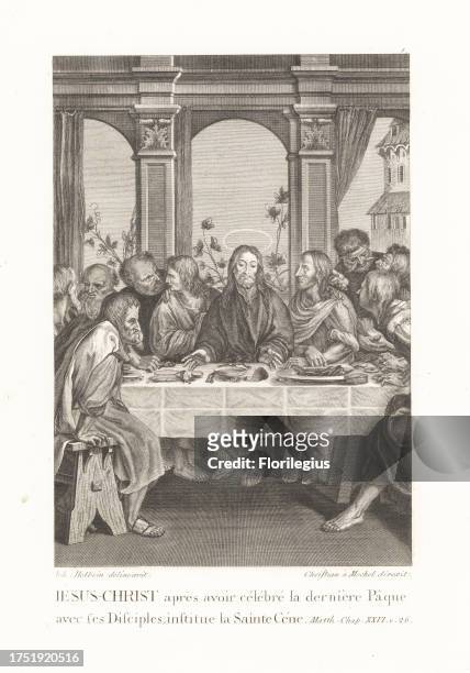 Jesus Christ and the apostles at the Last Supper. Jesus-Christ apres avoir celebre la derniere Paque ave ces Disciples. Matthew XXVI v. 26. From Le...
