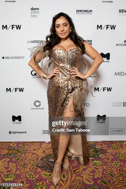 Lorinda May Merrypor arrives at the Fashion x Theatre runway at Regent Theatre during Melbourne Fashion Week 2023 on October 23, 2023 in Melbourne,...