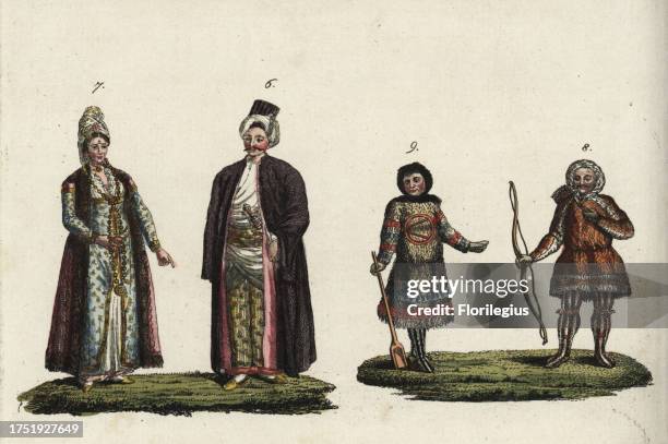 Costumes of European people, 18th century. Turkish man and woman in rich robes 6 and Samoyeds in reindeer skin parka and boots 8,9. Handcoloured...