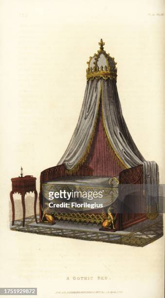Gothic bed in the florid style with bedside table. Dome canopy with drapes, griffins copied from the monument to Thomas Bouchier in Westminster...