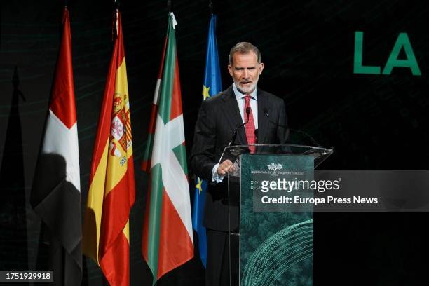King Felipe VI presides over the inauguration of the XXVI National Congress of Family Business, on 23 October, 2023 in Bilbao, Biscay, Basque...