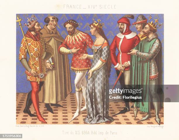 Tristan presenting Irish princess Iseult to his uncle King Mark of Cornwall . The men in justaucorps, parti-color hose and poulaines or cracows....