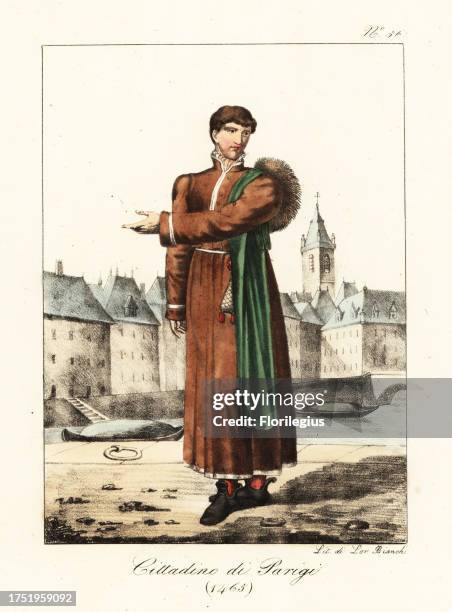 Costume of a bourgeois man of Paris, 1465. In long brown robe, hose, bootlets, fur hat, alms bag. Bourgeois de Paris. Handcoloured lithograph by...