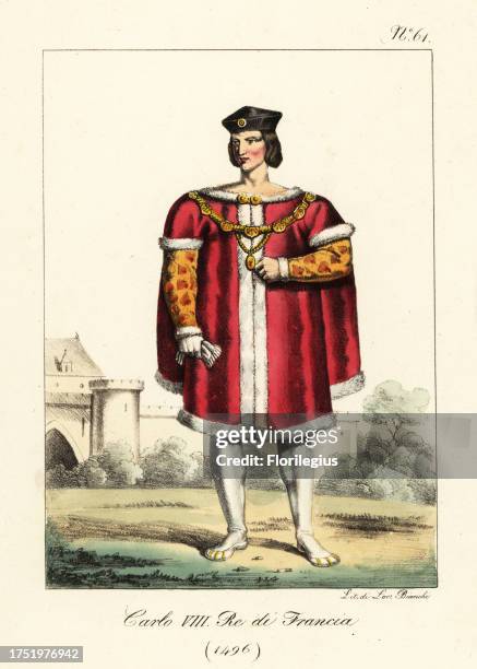 King Charles VIII the Affable of France, 1496. In cap, fur-lined scarlet robe with split sleeves, doublet, gold chain, hose, shoes. Charles VIII, Roi...