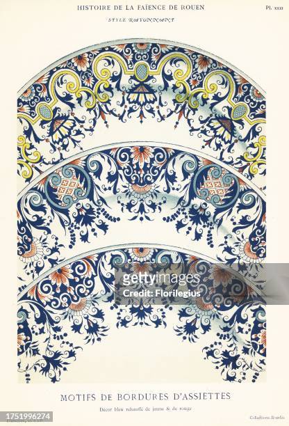 Plate border motifs in blue, yellow and red festoon style. Motifs de bordures d'assiettes, style rayonnant. Chromolithograph after an illustration by...