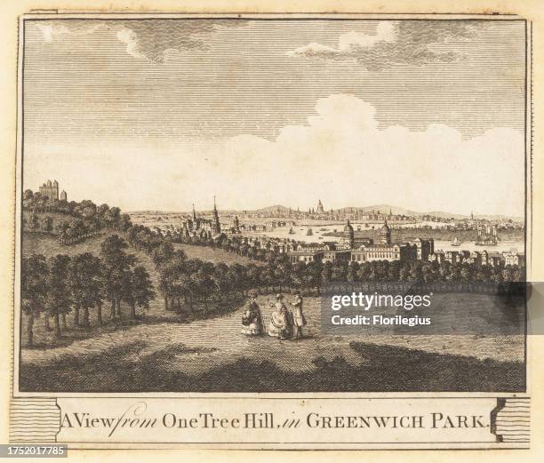View of Greenwich and the Thames, 1784. Flamsteed House, Royal Observatory, St. Alfrege Church, Royal Hospital , woods and deer park. The River...