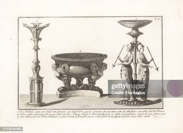 Candelabra with two figures of Pallas standing on a shield, from a terracotta owned by Piranesi 1, ancient labrum or bath excavated by Prince...