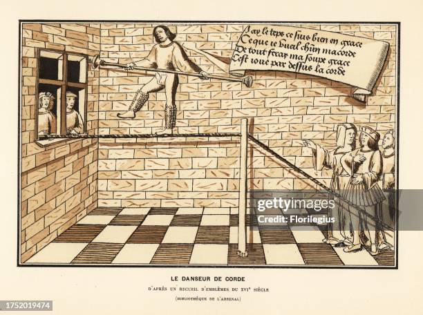 Tightrope walker with bells on his legs performing for an audience. Rope dancer from a 16th century book of emblems. Le danseur de corde. Apres un...