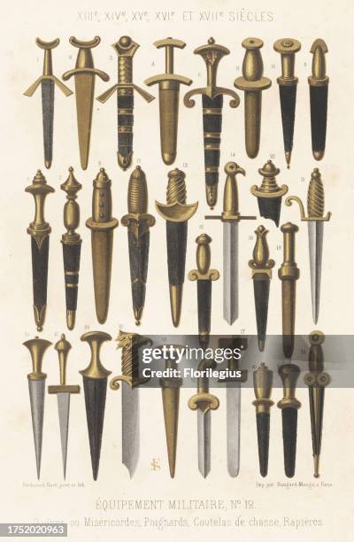 Military bladed weapons, 13th to 17th centuries. Daggers or misericordes, poniards, hunting knives, rapiers. Dagues ou misericordes, poignards,...