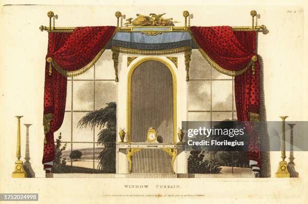 Regency era window curtains for a boudoir, 1800. Ruby-coloured calico curtains with Persian silk fringe, blue silk mantle and military emblems above...