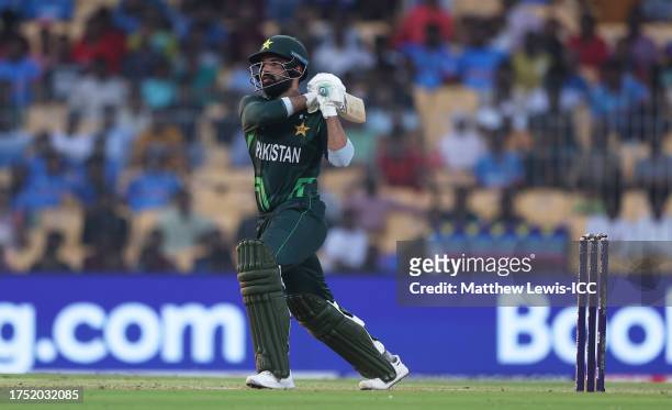 Shadab Khan of Pakistan plays a shot during the ICC Men's Cricket World Cup India 2023 between Pakistan and Afghanistan at MA Chidambaram Stadium on...