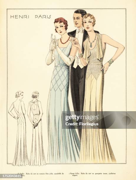 Woman in Si Belle evening dress in blue romain crepe. Woman in Vierge Folle evening dress in yellow crepe georgette decorated with spangles. Marcel...