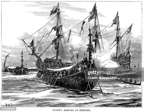 drake's arrival at ternate - ternate stock illustrations