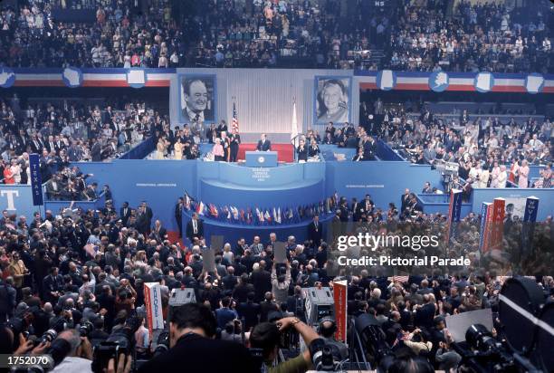 High-angle view of delegates inside the Democratic National Convention, Chicago, Illinois, 1968.