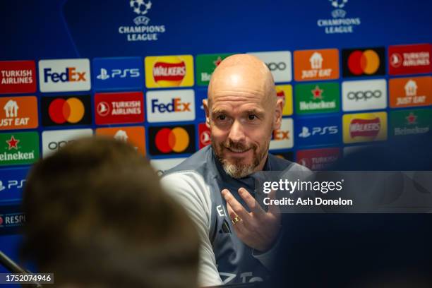 Manager Erik ten Hag of Manchester United speaks during a press conference at Carrington Training Ground on October 23, 2023 in Manchester, England.