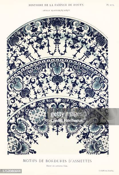 Plate border mofifs in blue camaieu, festoon style. Motifs de bordures d'assiettes en camaieu bleu, style rayonnant. Chromolithograph after an...