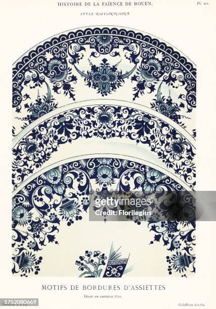 Plate border mofifs in blue camaieu, festoon style. Motifs de bordures d'assiettes en camaieu bleu, style rayonnant. Chromolithograph after an...