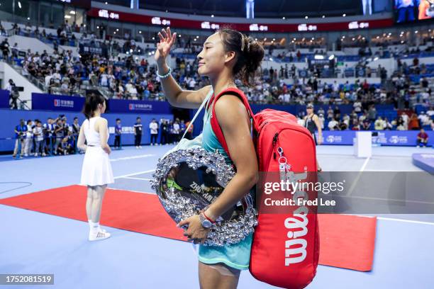 Qinwen Zheng of China leaves the court after losing against Beatriz Haddad Maia of Brazil in the women's singles final matches on Day 6 of the WTA...