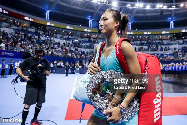 Qinwen Zheng of China leaves the court after losing against Beatriz Haddad Maia of Brazil in the women's singles final matches on Day 6 of the WTA...