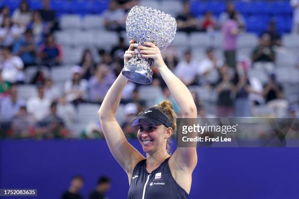 Beatriz Haddad Maia of Brazil poses with the trophy after the medal ceremony following in the women's singles final match on Day 6 of the WTA Elite...
