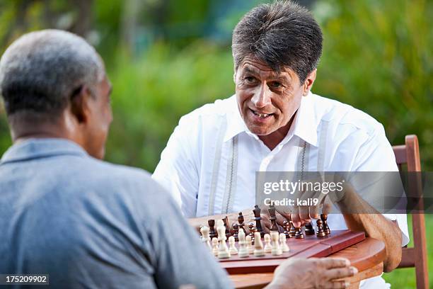 men playing chess in park - senior playing chess stock pictures, royalty-free photos & images