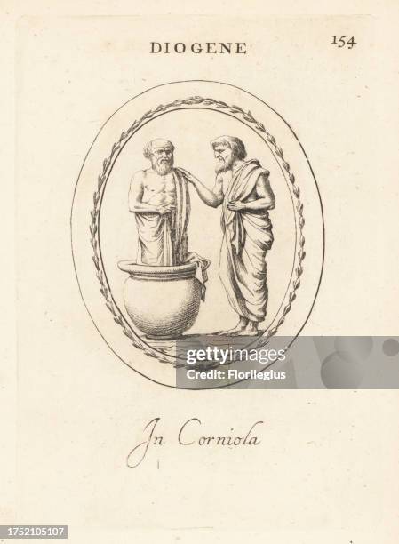 Greek Cynic philosopher Diogenes of Sinope standing in a jar or pithos. In carnelian. Diogene. In corniola. Copperplate engraving by Giovanni...