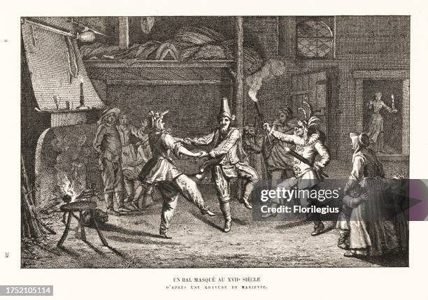 Masked ball, 17th century. Men in costumes and masks dance with torches in front of a fireplace in a rustic hall. Some as frigures from the Commedia...