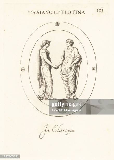 Roman Emperor Trajan, 53-117 AD, holding hands with his wife Empress Pompeia Plotina, died c. 121 AD. In heliotrope. Trajano et Plotina. In...