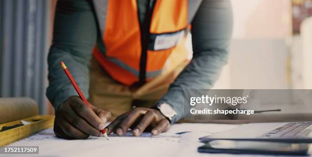 engineering hands, drawing and blueprint planning at construction site, warehouse and outdoor development. architecture contractor, project manager or person with floor plan, lines and sketch tools - builders hands stock pictures, royalty-free photos & images