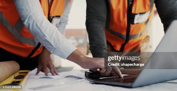engineering hands, computer and team planning at construction site, warehouse and outdoor development. architecture contractor, project manager or people typing on laptop with floor plan for design - builders hands stock pictures, royalty-free photos & images