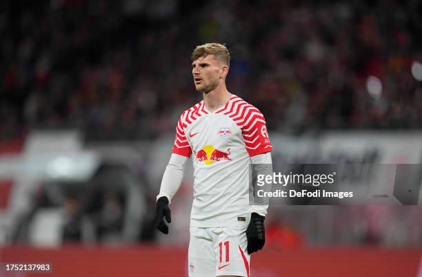 Timo Werner of RB Leipzig looks on during the Bundesliga match between RB Leipzig and 1. FC Köln at Red Bull Arena on October 28, 2023 in Leipzig,...