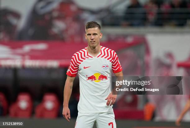 Dani Olmo of RB Leipzig looks on during the Bundesliga match between RB Leipzig and 1. FC Köln at Red Bull Arena on October 28, 2023 in Leipzig,...